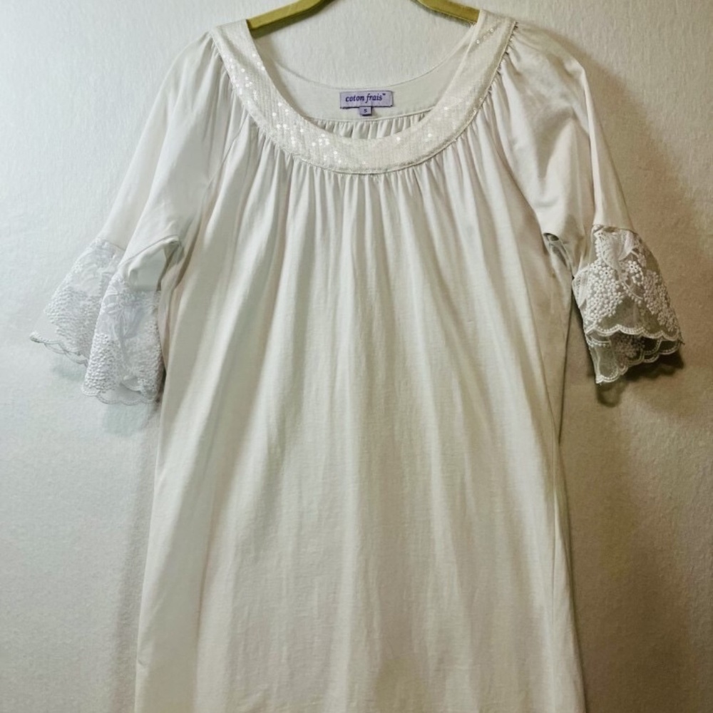 Coton Frais White Cotton Dress Size S Lace Sleeve detail Sequin Collar